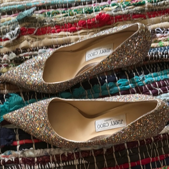 Jimmy Choo Gold Glitter Heels - Picture 1 of 7
